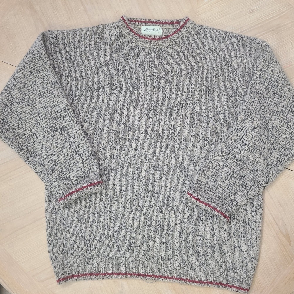 Eddie Bauer Wool Sweater Mens L Beige Marled Knit Crewneck Red Trim